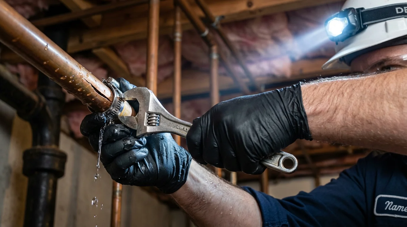 Emergency pipe clamp repair being performed by a Johns Plumbing LLC plumber in Nashville