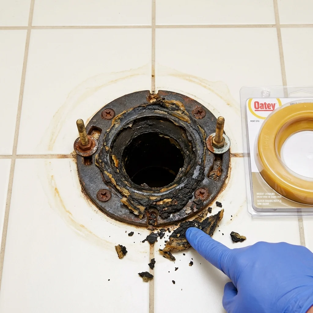 Failed wax ring showing water seepage at the base of a toilet in a Nashville, MI home
