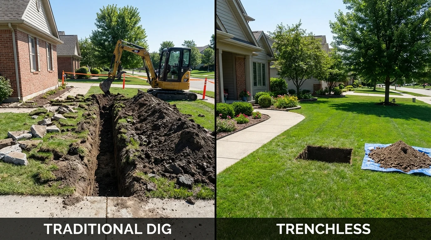 Trenchless sewer repair with minimal yard damage versus traditional excavation in Nashville, MI