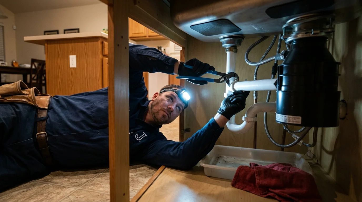 P-trap and supply line connections under a kitchen sink showing a common leak point in Nashville, MI